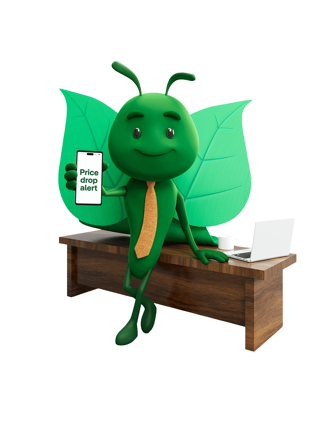Bruce the butterfly sitting at desk holding smartphone displaying price drop alert
